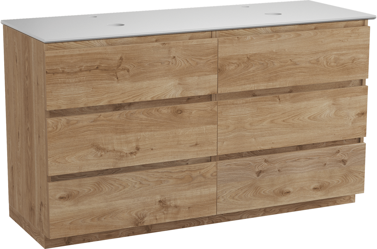 Balmani Lucida freistehendes Möbelstück Set: 150 x 55 cm, Rohe Eiche, mit Facetta Doppel Waschtischplatte, Solid Surface Weiß matt