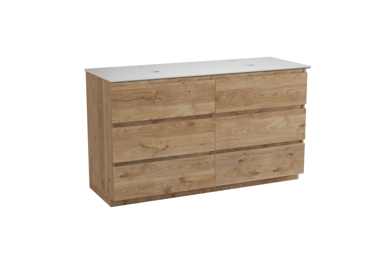 Balmani Lucida meuble salle de bains à poser 150 x 55 cm chêne brut avec Facetta tablette double en solid surface blanc mat