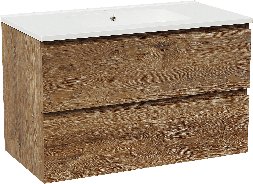 Linie Lado zwevend badmeubel 90 x 46 cm bruin eiken met Vano enkele wastafel in composietmarmer hoogglans wit