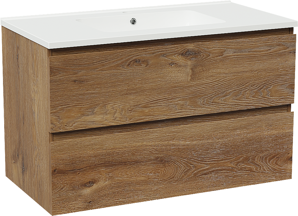 Linie Lado hängendes Möbelstück Set: 90 x 46 cm, Braune Eiche, mit Vano Einzelwaschtisch, Marmorkomposit Weiß glänzend