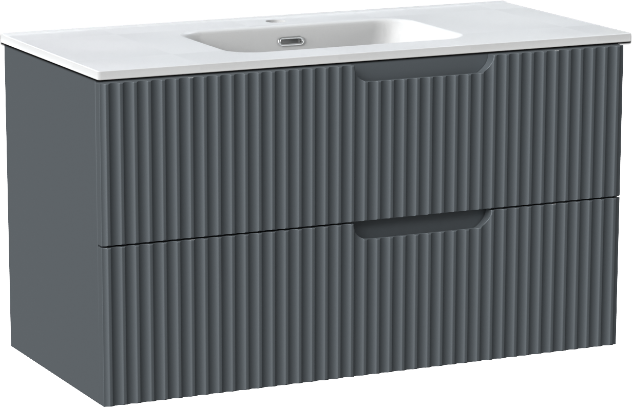Linie Ribbo zwevend badkamermeubel 100 x 46 cm blauw antraciet met Baro enkele wastafel in porselein mat wit, Verticale symmetrische ronde ribbel