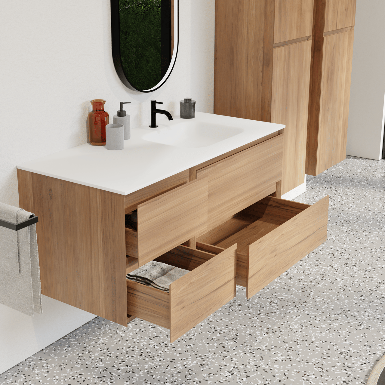 Balmani Mitra zwevend badkamermeubel 120 x 55 cm teak met Tablo Arcato asymmetrisch rechtse wastafel in solid surface mat wit