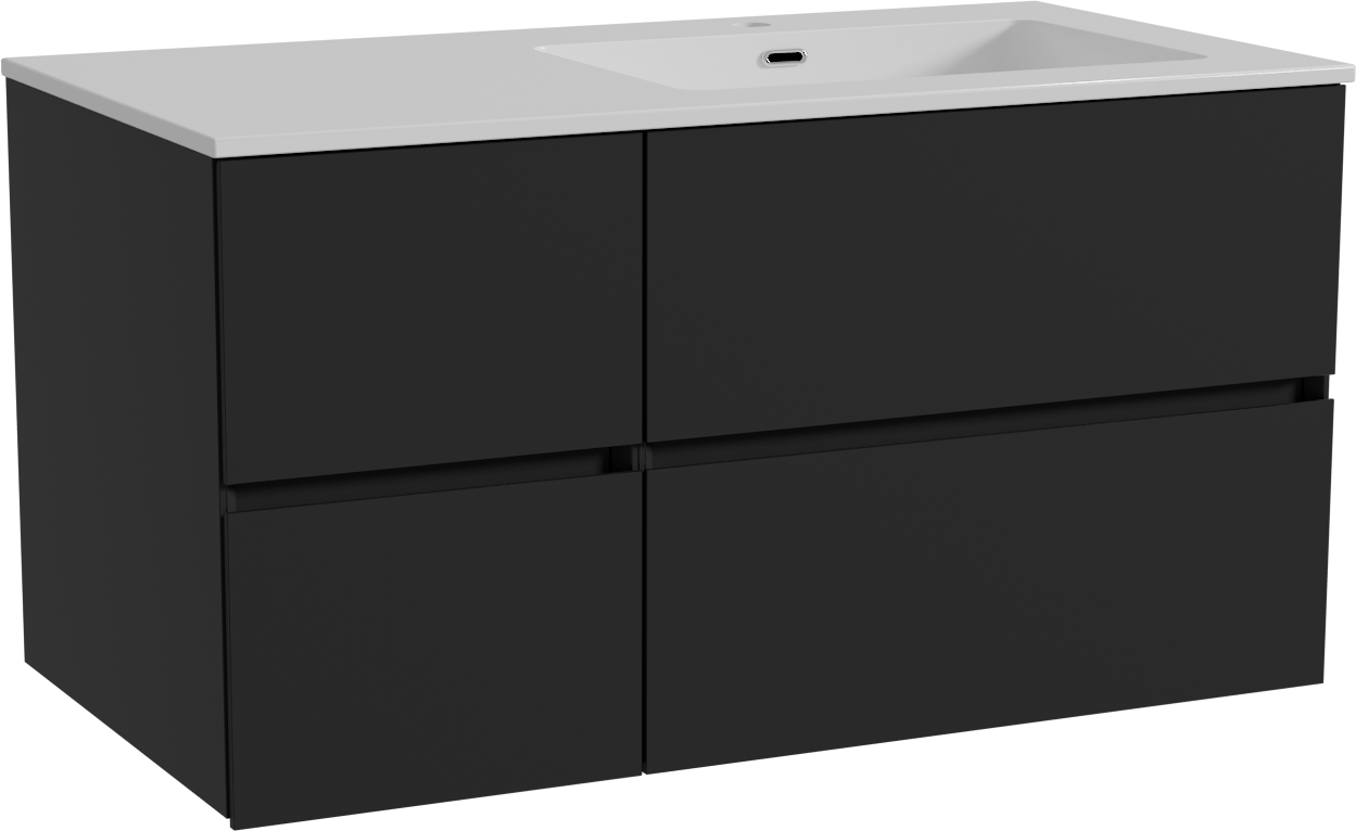 Storke Edge hängendes Möbelstück Set: 100 x 52 cm, Schwarz matt, mit Diva Waschtisch rechts, Marmorkomposit Weiß glänzend