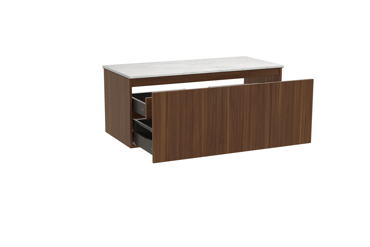 Balmani Sfera zwevend badkamermeubel 120 x 55 cm amerikaanse notelaar met Stretto enkel of dubbel tablet in marmer carrara