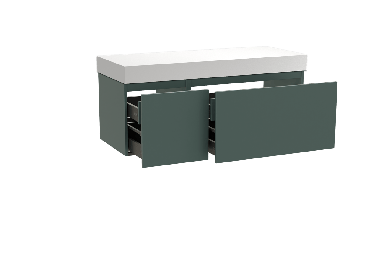 Balmani Sfera hängendes Möbelstück Set: 135 x 55 cm, Forest, mit Dominus Einzel- oder Doppel Waschtischplatte, Solid Surface Weiß matt