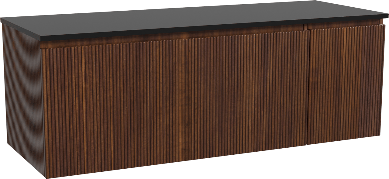 Storke Ribs zwevend badmeubel 140 x 52 cm notenhout met Panton enkel of dubbel wastafelblad in gepoedercoate mdf mat zwart, Verticale symmetrische rechte ribbel