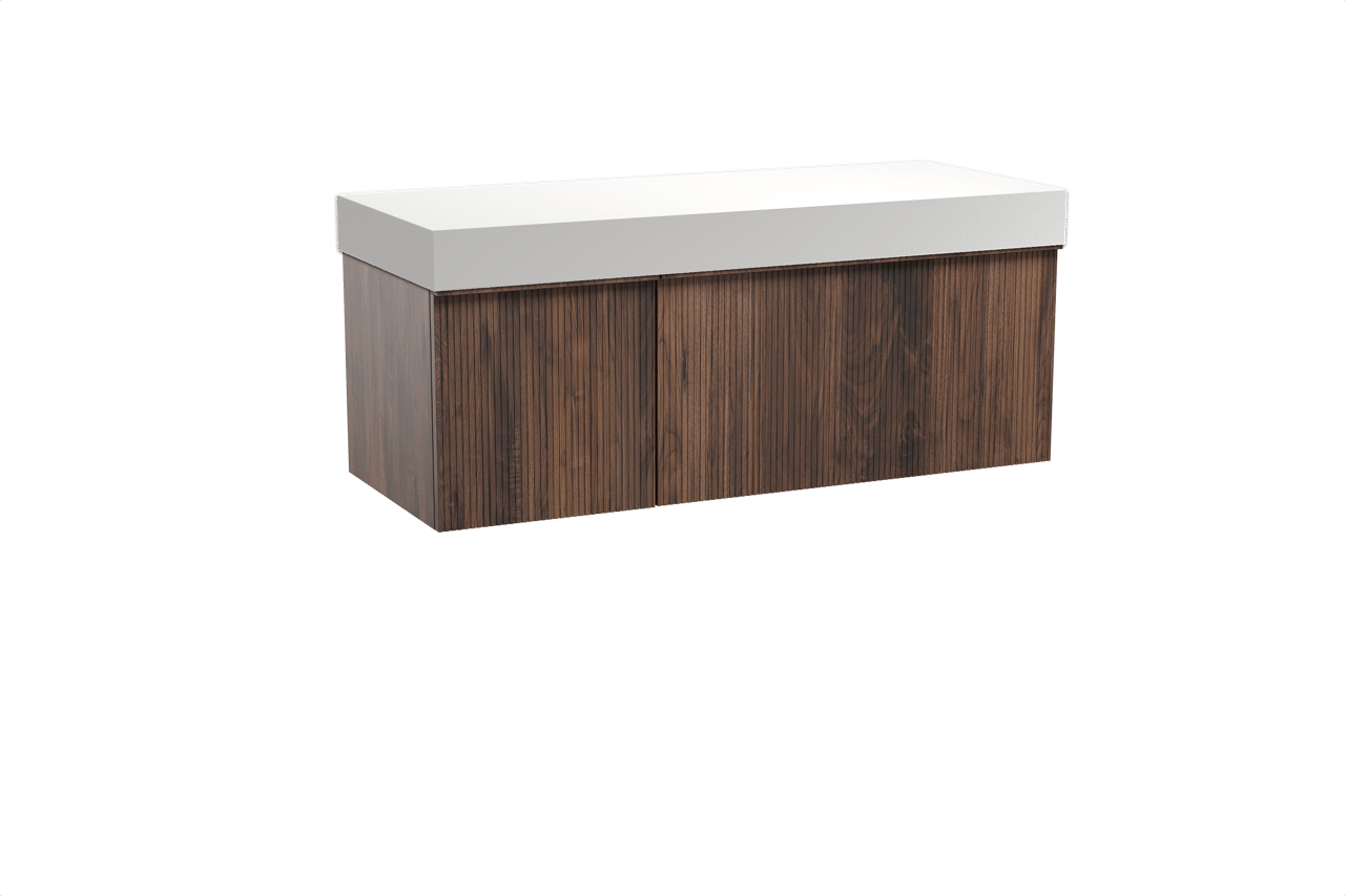 Balmani Forma hängendes Möbelstück Set: 135 x 55 cm, Amerikanischer Nussbaum, mit Dominus Einzel- oder Doppel Waschtischplatte, Solid Surface, Weiß matt, Vertikale symmetrische gerade Rippe