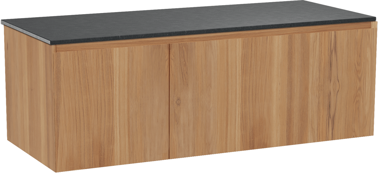 Balmani Idra hängendes Möbelstück Set: 135 x 55 cm, Teak, mit Stretto Einzel- oder Doppel Waschtischplatte, Schwarzes Granit