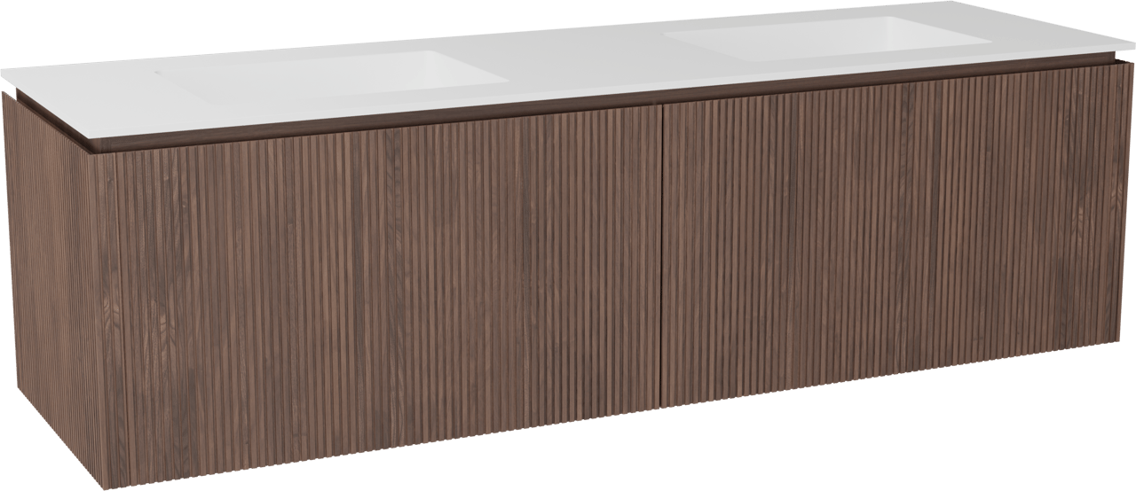 Balmani Eclips meuble salle de bains suspendu 180 x 55 cm Noyer américain avec Tablo Stretto double vasque en Solid Surface blanc mat, Nervure droite symétrique verticale