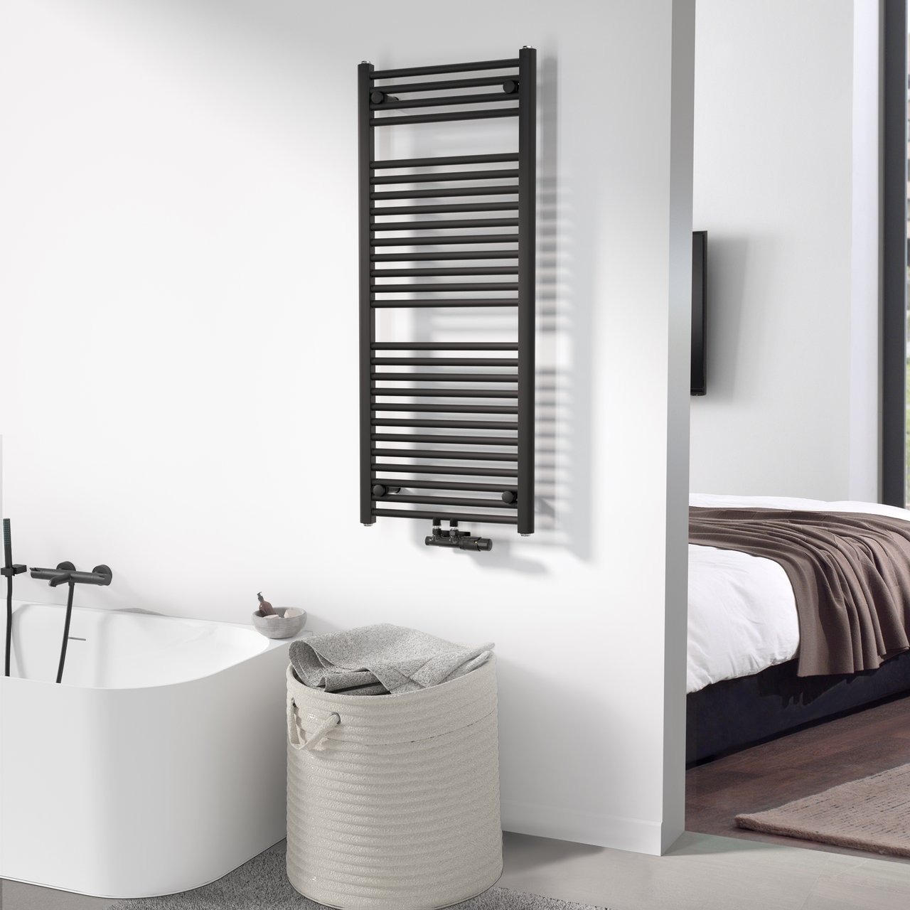 Vipera Kanza enkele handdoekradiator 50 x 120 cm centrale verwarming mat zwart zij- en middenaansluiting 691W