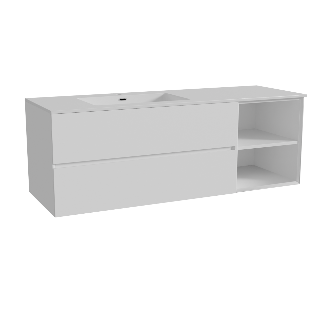 Storke Edge zwevend badmeubel 150 x 52 cm mat wit met Diva asymmetrisch linkse wastafel in composietmarmer hoogglans wit