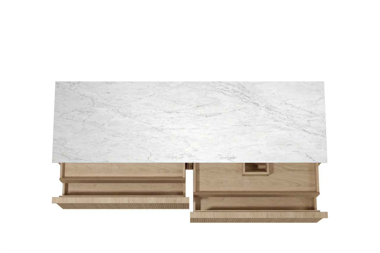 Balmani Forma hängendes Möbelstück Set: 180 x 55 cm, Naturbelassene Eiche, mit Stretto Einzel- oder Doppel Waschtischplatte, Marmor, Carrara, Vertikale symmetrische gerade Rippe