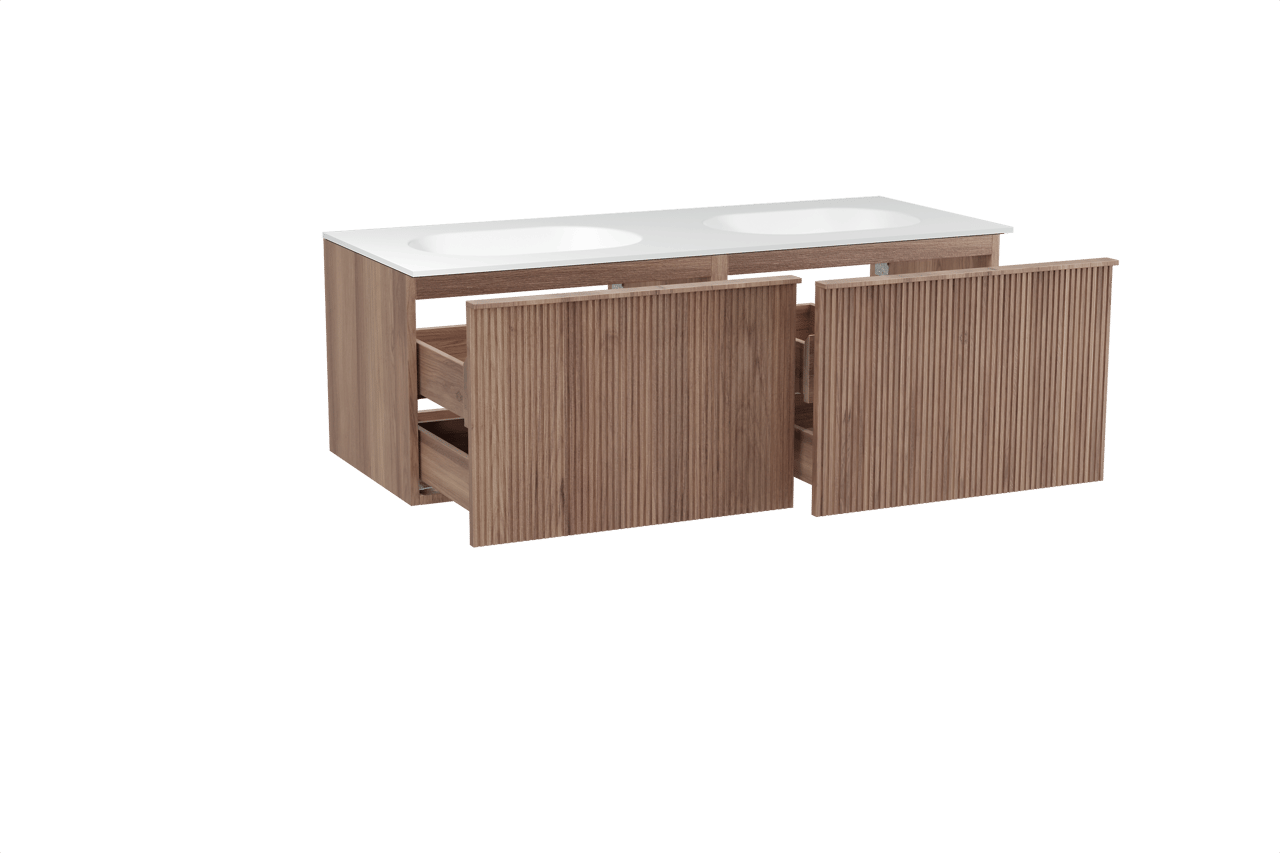 Balmani Forma zwevend badkamermeubel 135 x 55 cm teak met Tablo Oval dubbele wastafel in solid surface mat wit, Verticale symmetrische rechte ribbel