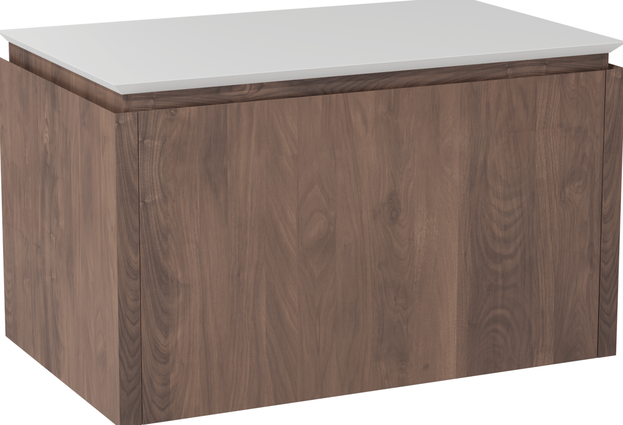 Balmani Eclips hängendes Möbelstück Set: 90 x 55 cm, Amerikanischer Nussbaum, mit Eclips Einzel Waschtischplatte Solid Surface Weiβ matt