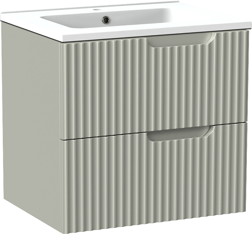 Linie Ribbo meuble salle de bains suspendu 60 x 46 cm greige avec Vano plan simple en marbre composite blanc mat, Nervure circulaire symétrique verticale