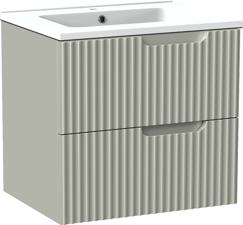 Linie Ribbo zwevend badkamermeubel 60 x 46 cm greige met Vano enkele wastafel in composietmarmer mat wit, Verticale symmetrische ronde ribbel