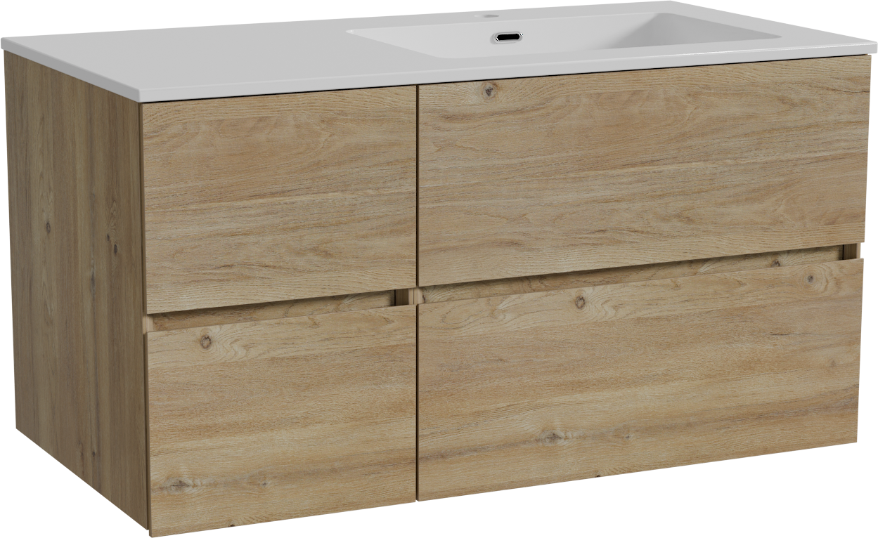 Storke Edge meuble salle de bains suspendu 100 x 52 cm chêne brut avec Diva plan vasque asymétrique à droite en marbre composite blanc brillant