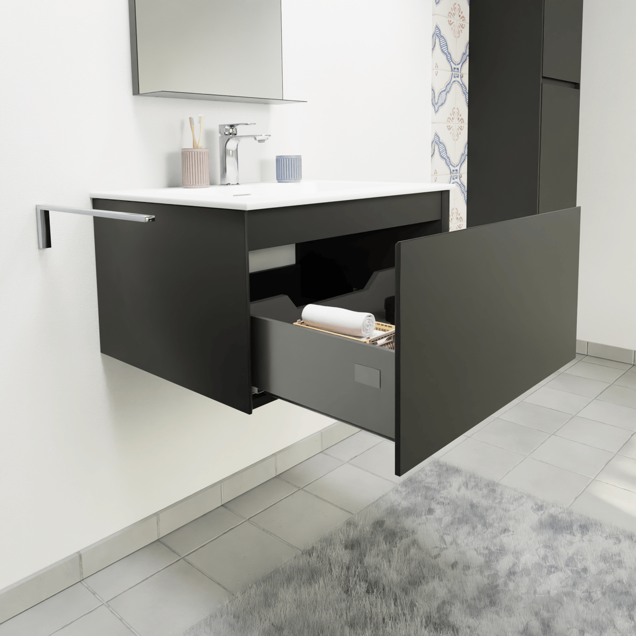 Storke Edge hängendes Möbelstück Set: 65 x 52 cm, Schwarz matt, mit Mata Einzelwaschtisch, Solid Surface Weiß matt