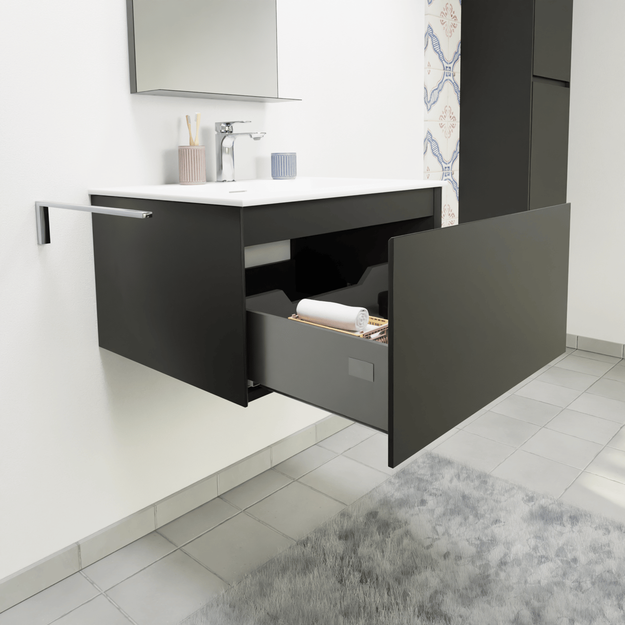 Storke Edge zwevend badkamermeubel 65 x 52 cm mat zwart met Mata enkele wastafel in solid surface mat wit