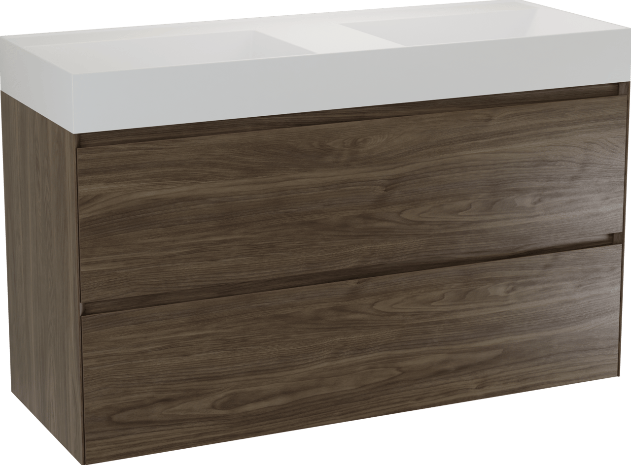 Balmani Mitra Compact meuble salle de bains suspendu 120 x 46 cm Noyer américain avec Argila double vasque vasque en marbre composite blanc brillant