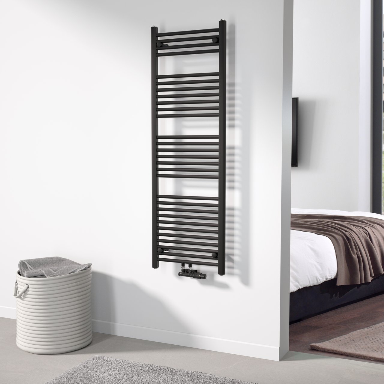 Vipera Kanza enkele handdoekradiator 50 x 150 cm centrale verwarming mat zwart zij- en middenaansluiting 842W