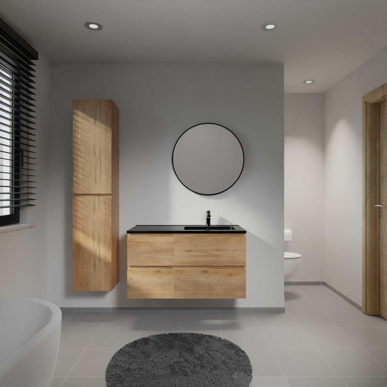 Linie Lado meuble salle de bains suspendu 100 x 46 cm chêne naturel avec Vano vasque asymétrique droite en marbre composite noir mat