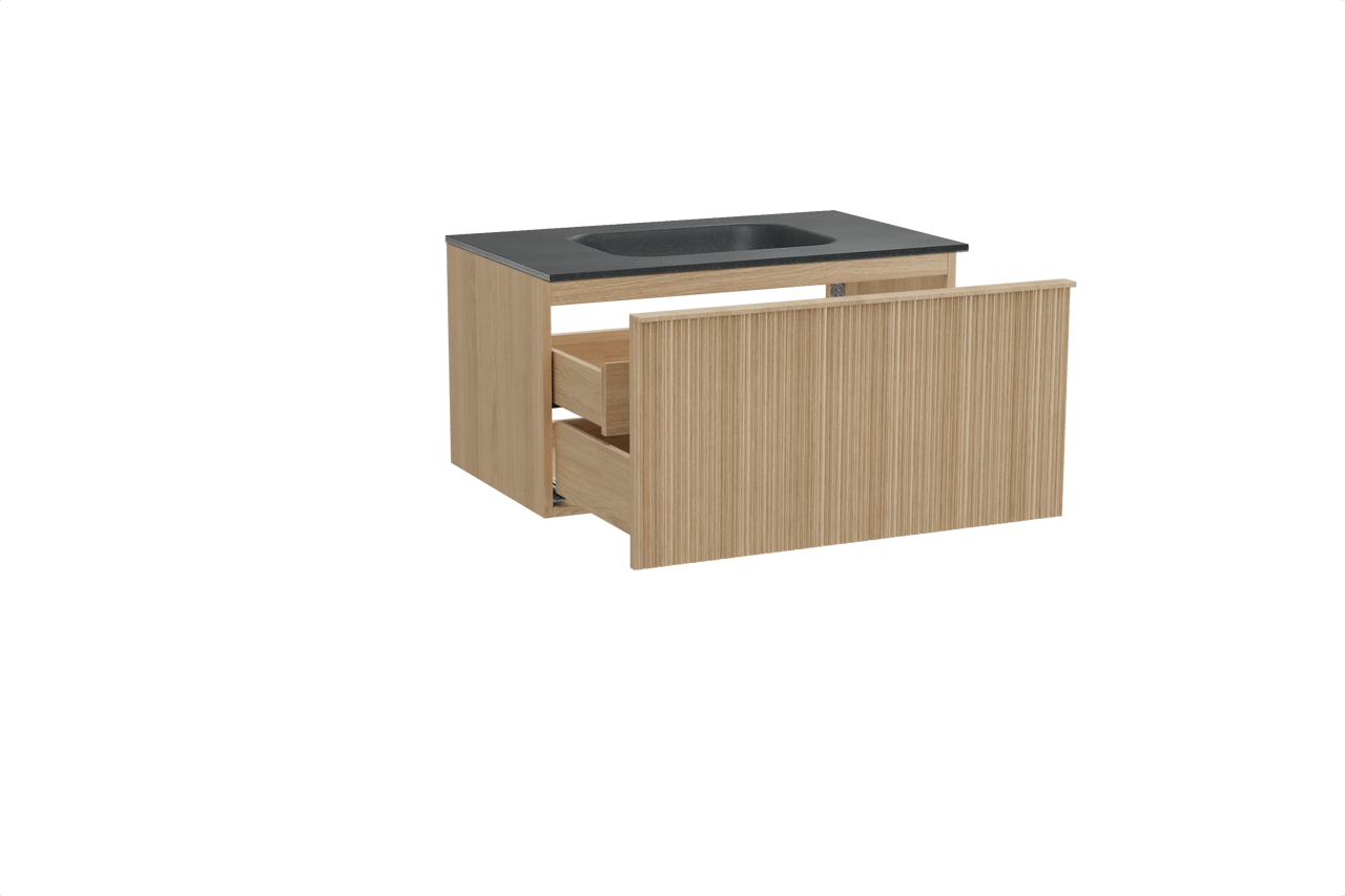 Balmani Forma meuble salle de bains suspendu 90 x 55 cm chêne naturel avec Tablo Arcato plan simple en granit noir, Nervure circulaire asymétrique verticale