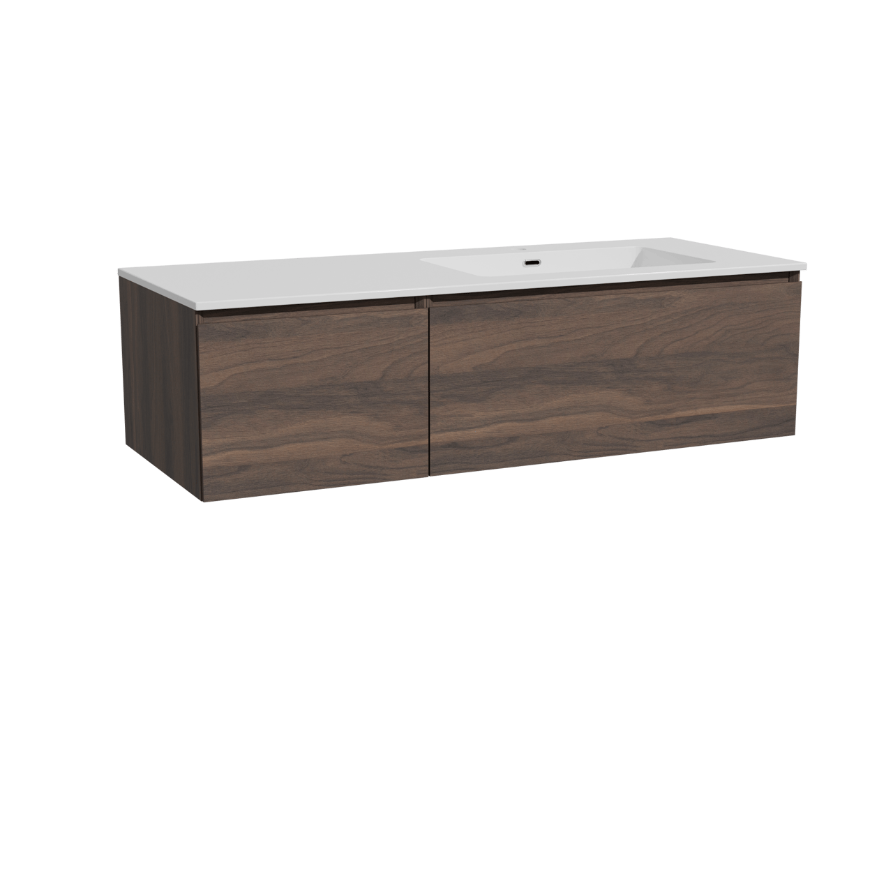 Storke Edge zwevend badkamermeubel 130 x 52 cm notelaar met Diva asymmetrisch rechtse wastafel in composietmarmer glanzend wit