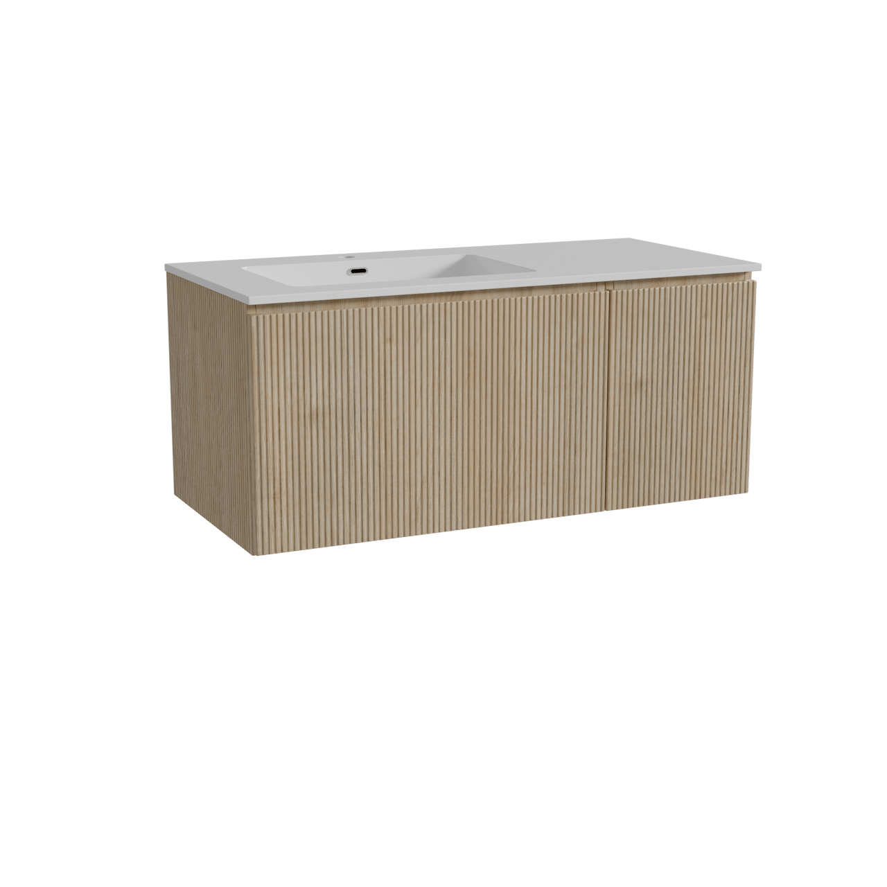 Storke Ribs meuble salle de bains suspendu 110 x 52 cm chêne brut avec Diva vasque asymétrique gauche en marbre composite blanc brillant, Nervure droite symétrique verticale