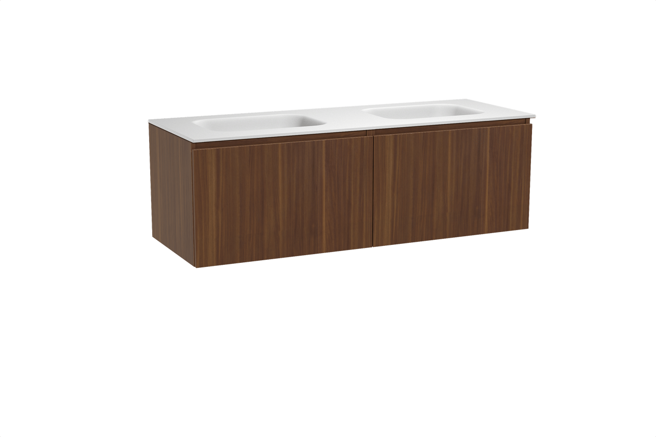 Balmani Sfera meuble salle de bains suspendu 150 x 55 cm noyer américain avec Tablo Arcato double vasque en solid surface blanc mat