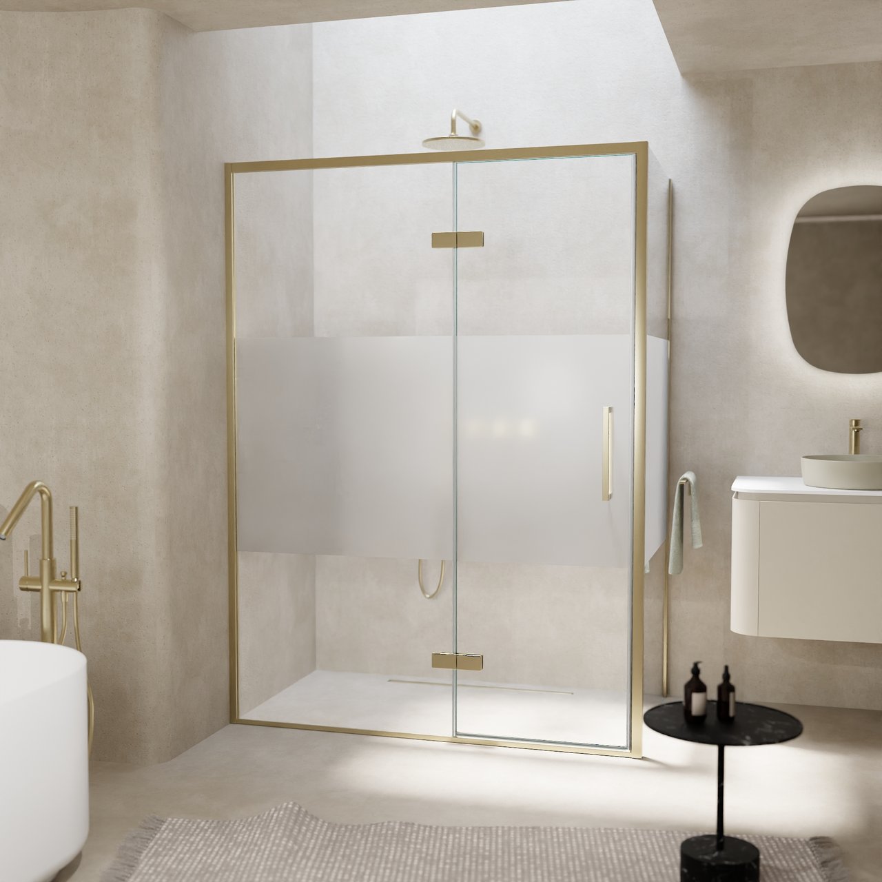 Balmani Senses Design douche en coin avec porte pivotante à gauche et paroi latérale fixe, 140 x 80 cm, Verre transparent avec bande matte, Profil Brushed Champagne Gold, coating inclus, coating inclus
