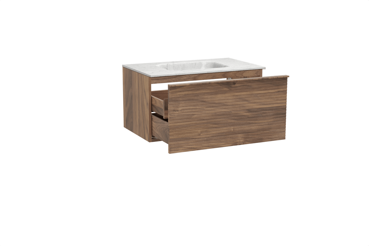 Balmani Forma meuble salle de bains suspendu 90 x 55 cm noyer américain avec Tablo Arcato plan simple en marbre carrara, Nervure droite symétrique horizontale