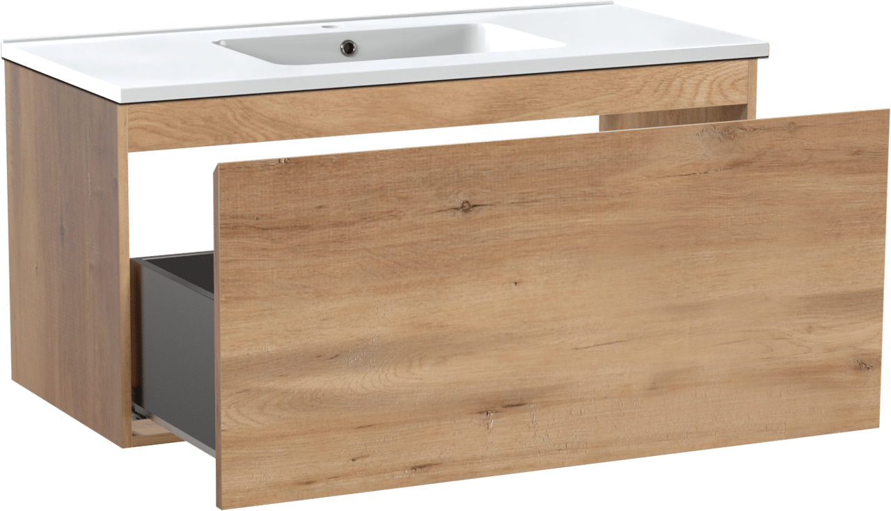 Linie Lado hängendes Möbelstück Set: 100 x 46 cm, Naturbelassene Eiche, mit Vano Einzelwaschtisch, Marmorkomposit Weiß glänzend