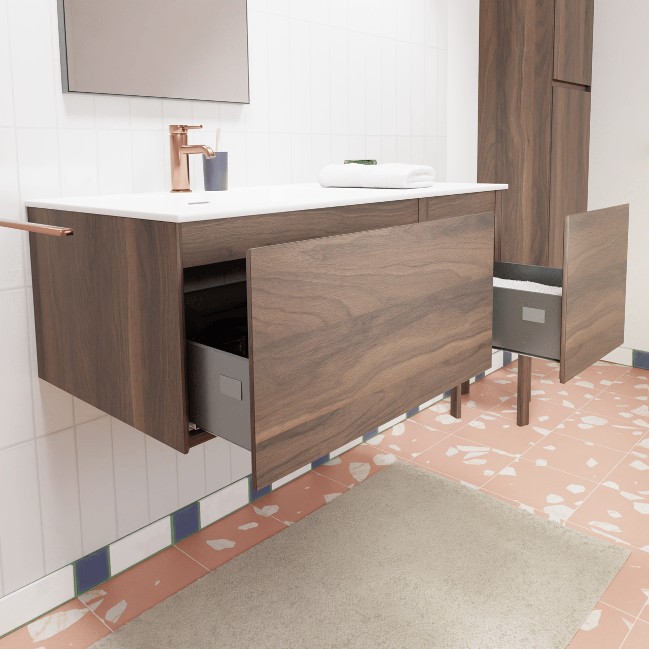 Storke Edge hängendes Möbelstück Set: 100 x 52 cm, Nussbaum, mit Mata Waschtisch links, Solid Surface Weiß matt