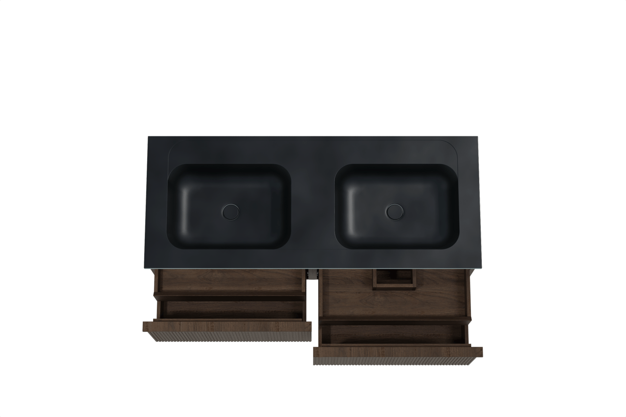 Balmani Forma hängendes Möbelstück Set: 135 x 55 cm, Geräucherte Eiche, mit Tablo Strada Doppelwaschtisch, Marmorkomposit, Schwarz matt, Vertikale symmetrische gerade Rippe