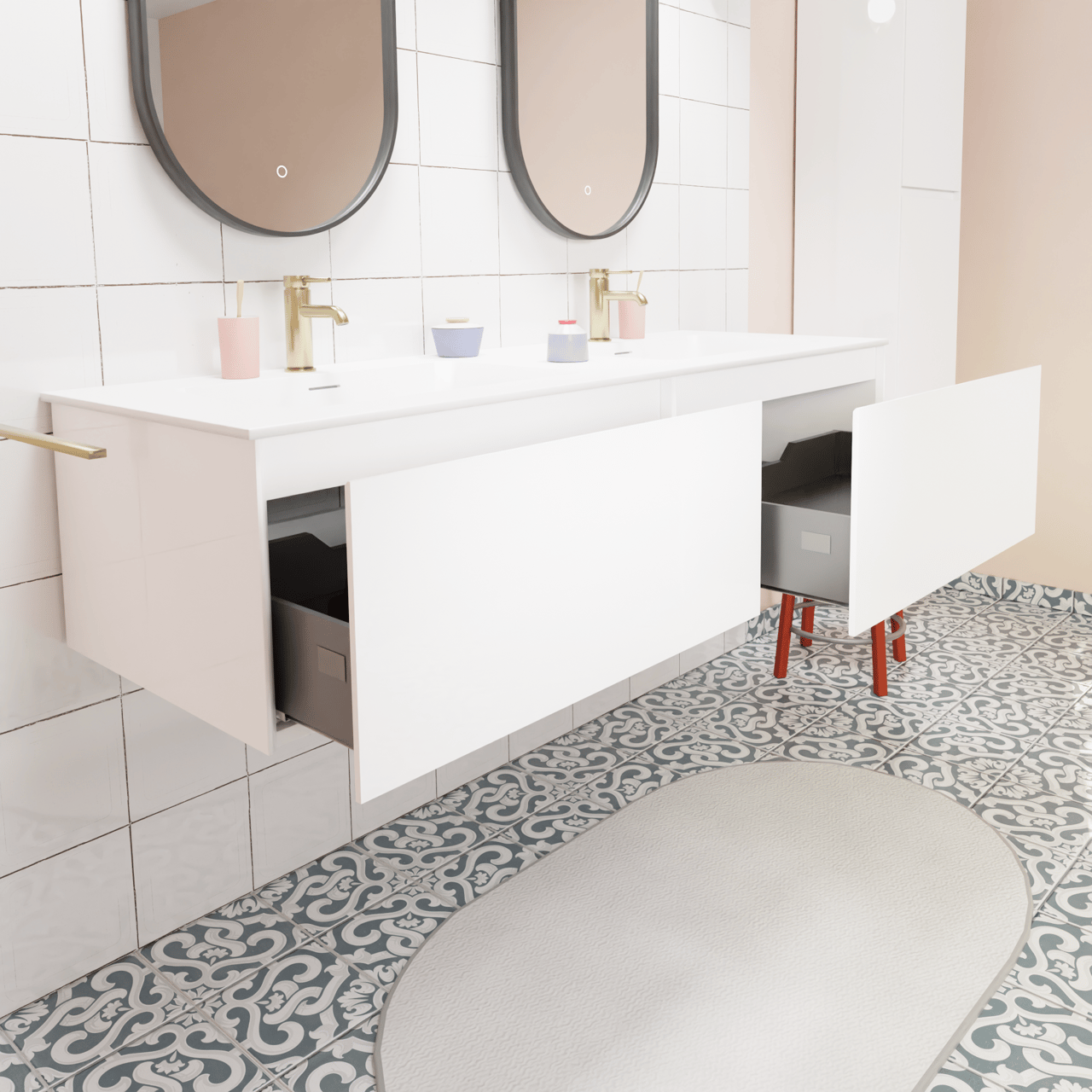 Storke Edge meuble salle de bains suspendu 150 x 52 cm blanc brillant avec Mata double vasque en solid surface blanc mat