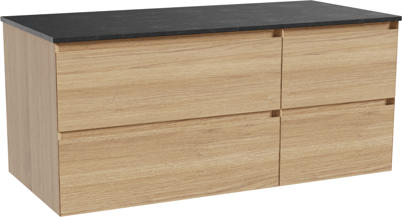 Balmani Mitra hängendes Möbelstück Set: 120 x 55 cm, Naturbelassene Eiche, mit Stretto Einzel Waschtischplatte, Schwarzes Granit