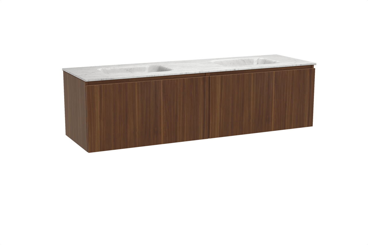 Balmani Sfera zwevend badkamermeubel 180 x 55 cm amerikaanse notelaar met Tablo Arcato dubbele wastafel in marmer carrara