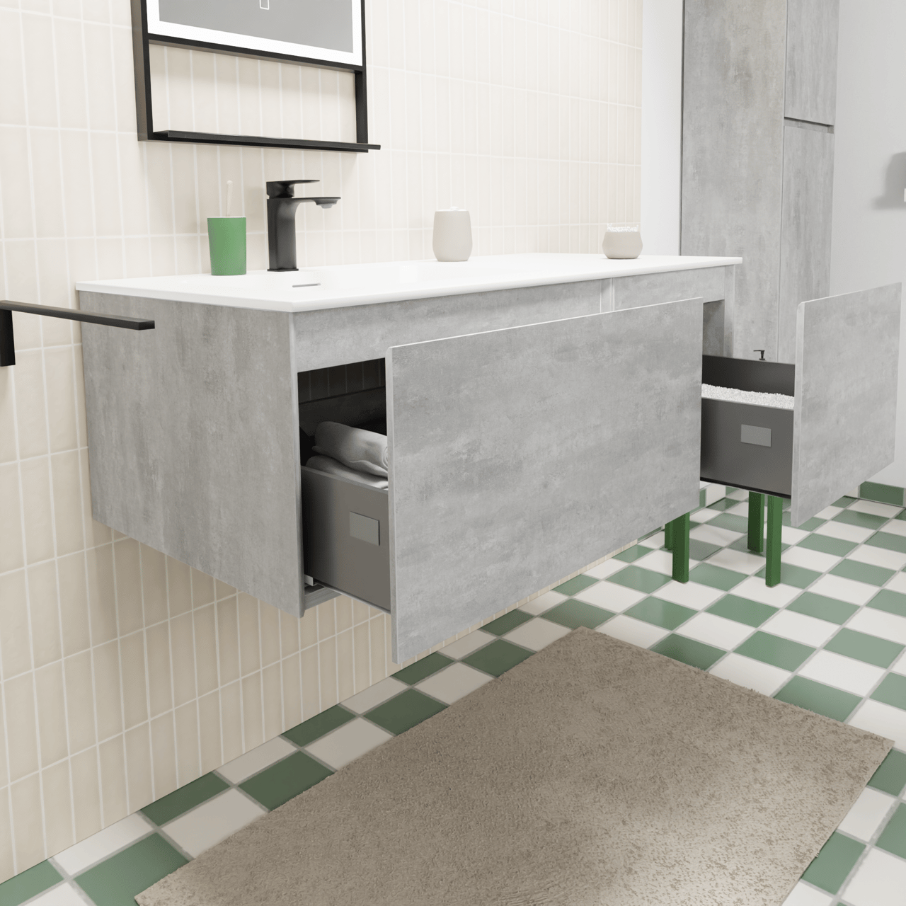 Storke Edge zwevend badmeubel 110 x 52 cm beton donkergrijs met Mata asymmetrisch linkse wastafel in solid surface mat wit