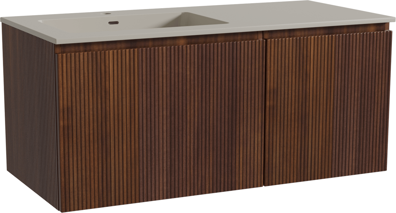 Storke Ribs zwevend badmeubel 110 x 52 cm notenhout met Diva asymmetrisch linkse wastafel in top solid zijdegrijs, Verticale symmetrische rechte ribbel