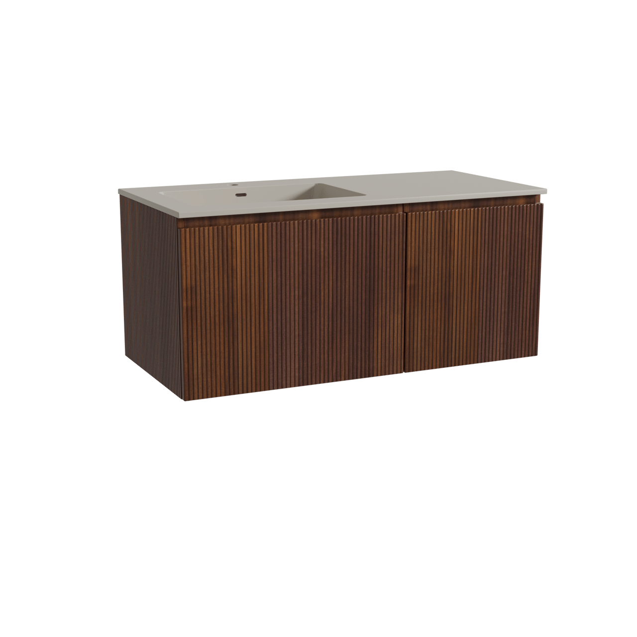 Storke Ribs meuble salle de bains suspendu 110 x 52 cm noyer avec Diva vasque asymétrique gauche en top solid soie grise, Nervure droite symétrique verticale