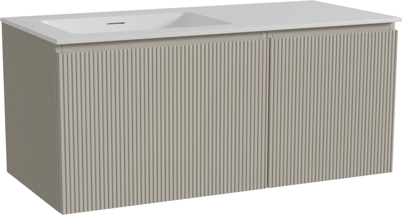 Storke Ribs zwevend badkamermeubel 110 x 52 cm zijdegrijs met Mata asymmetrisch linkse wastafel in solid surface mat wit, Verticale symmetrische rechte ribbel