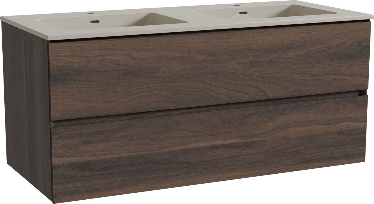 Storke Edge meuble salle de bains suspendu 120 x 52 cm noyer avec Diva double vasque en top solid soie grise