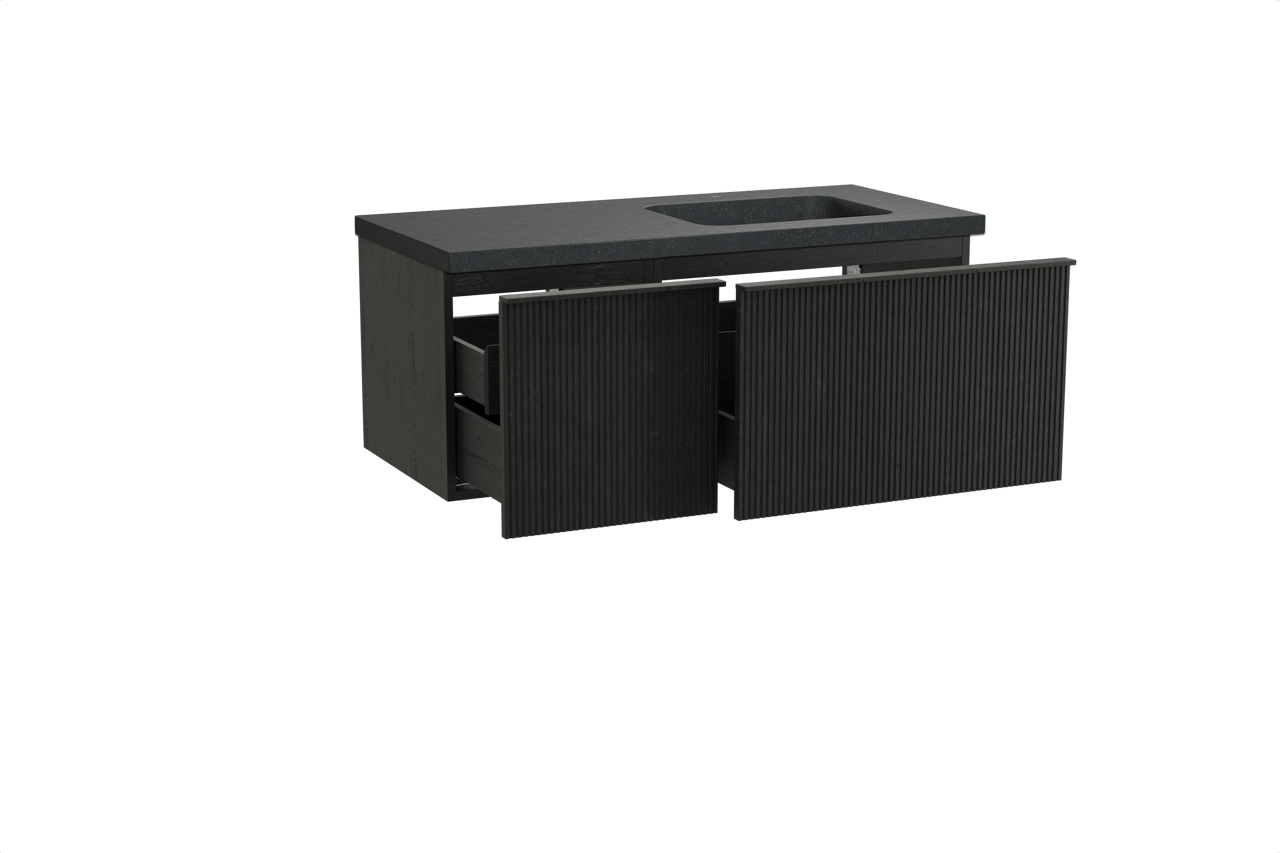 Balmani Forma zwevend badkamermeubel 120 x 55 cm zwarte eik met Napoli asymmetrisch rechtse wastafel in graniet zwart, Verticale symmetrische rechte ribbel