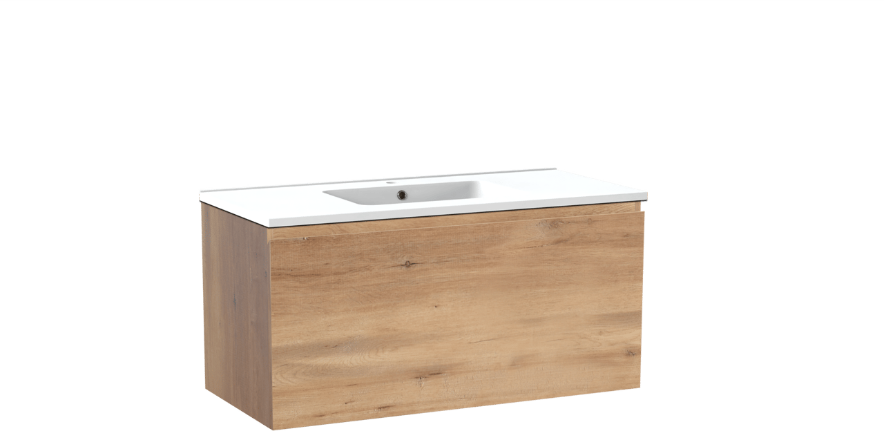 Linie Lado hängendes Möbelstück Set: 100 x 46 cm, Naturbelassene Eiche, mit Vano Einzelwaschtisch, Marmorkomposit Weiß matt