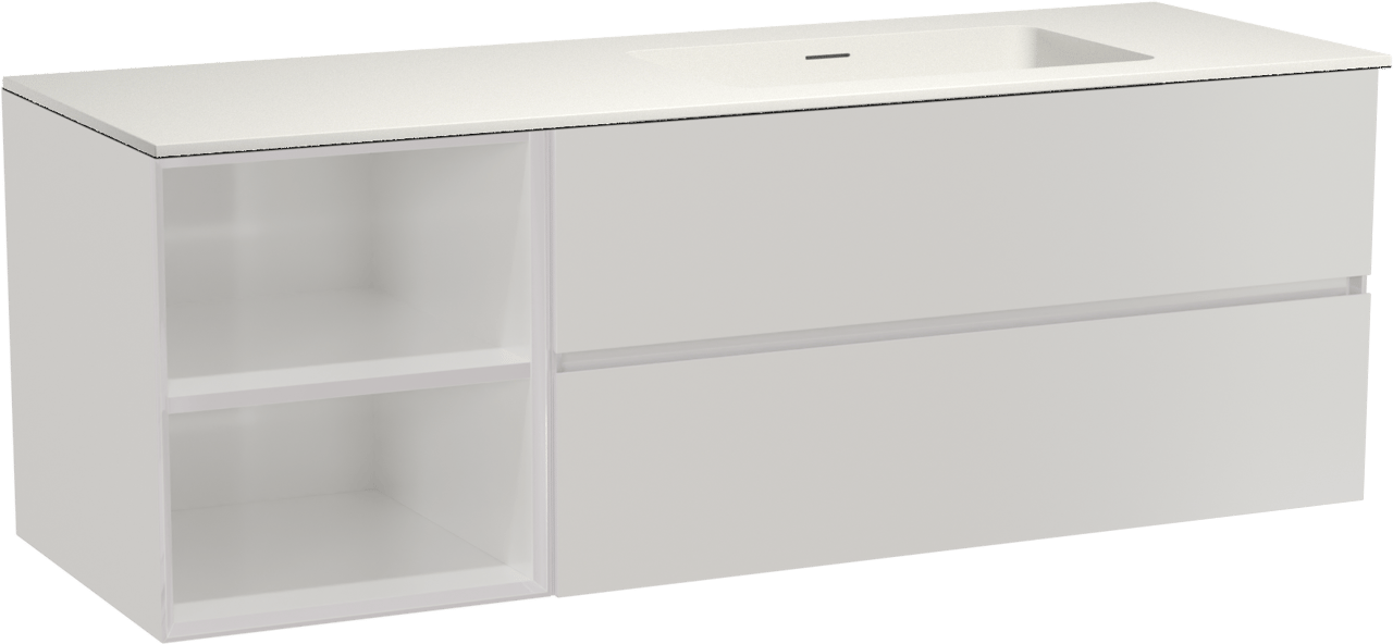 Storke Edge hängendes Möbelstück Set: 150 x 52 cm, Weiß glänzend, mit Mata Waschtisch rechts, Solid Surface Weiß matt