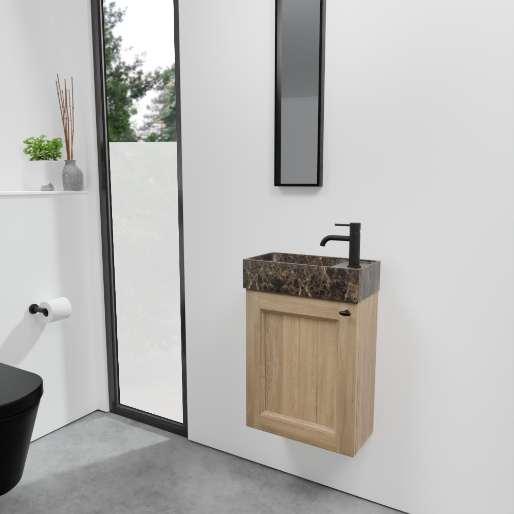 Balmani Lemon zwevend toiletmeubel 42 x 21 cm verweerde eik met Dama wastafel in Dark Emperador marmer