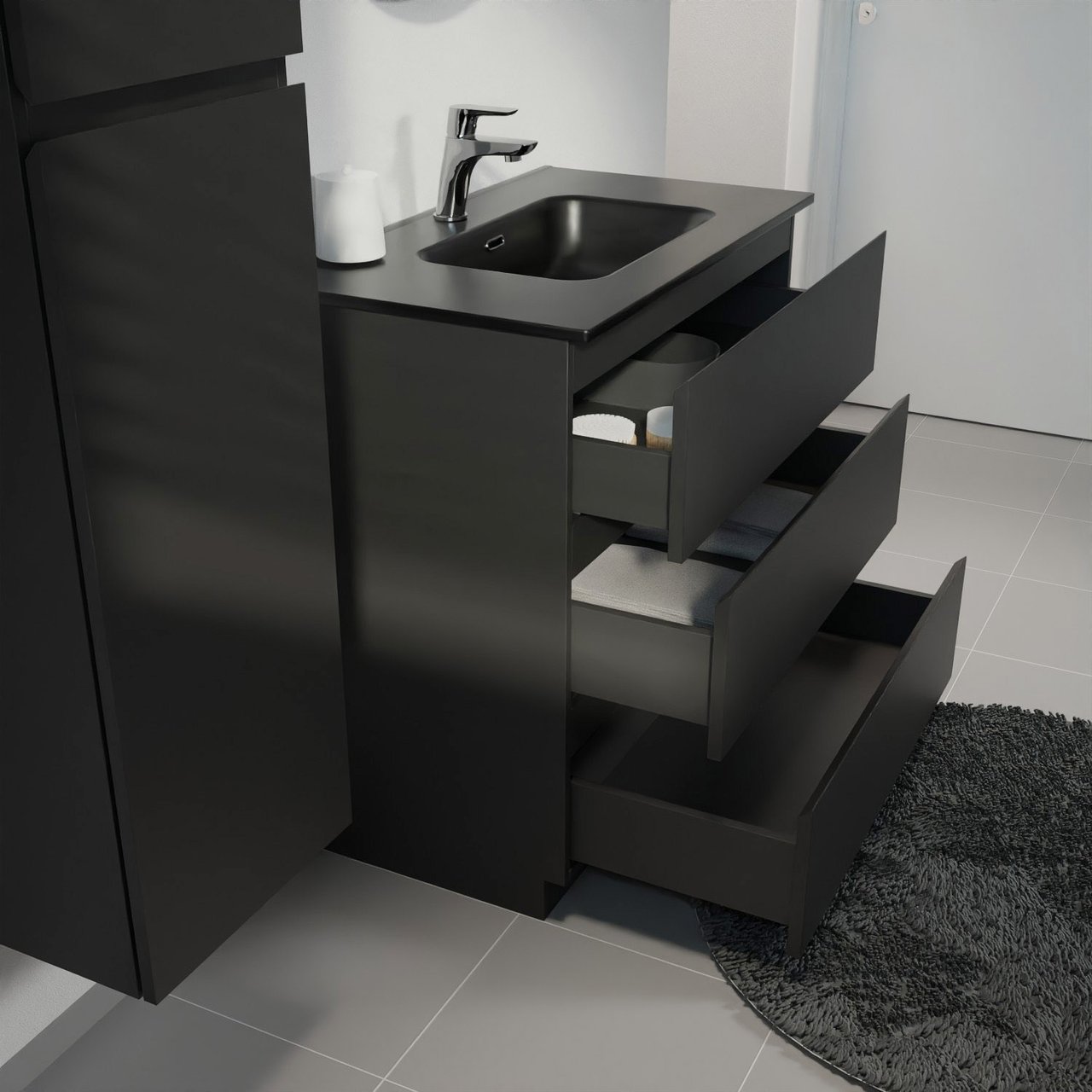 Linie Lado staand badkamermeubel 80 x 46 cm mat zwart met Baro enkele wastafel in porselein mat zwart