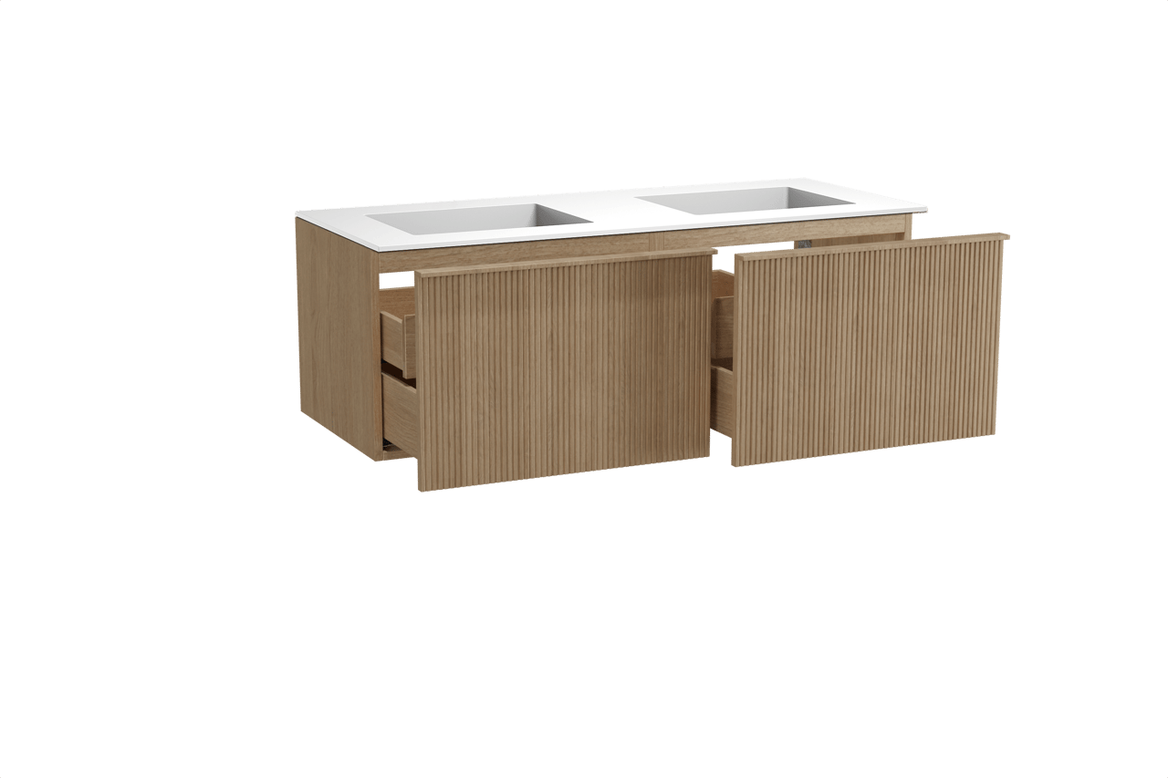 Balmani Forma zwevend badkamermeubel 135 x 55 cm natuur eik met Tablo Stretto dubbele wastafel in solid surface mat wit, Verticale symmetrische rechte ribbel