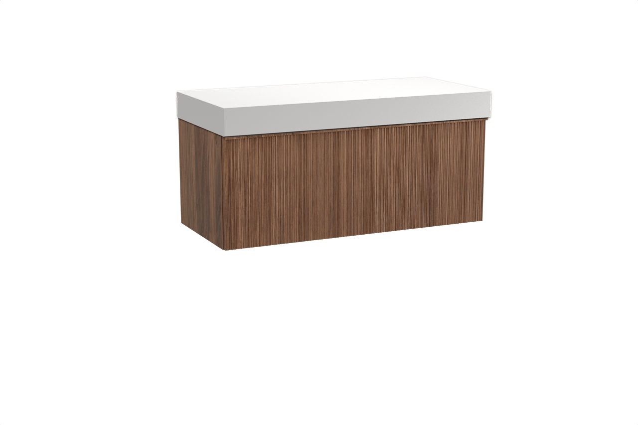 Balmani Forma hängendes Möbelstück Set: 120 x 55 cm, Amerikanischer Nussbaum, mit Dominus Einzel- oder Doppel Waschtischplatte, Solid Surface, Weiß matt, Vertikale asymmetrische Runde Rippe